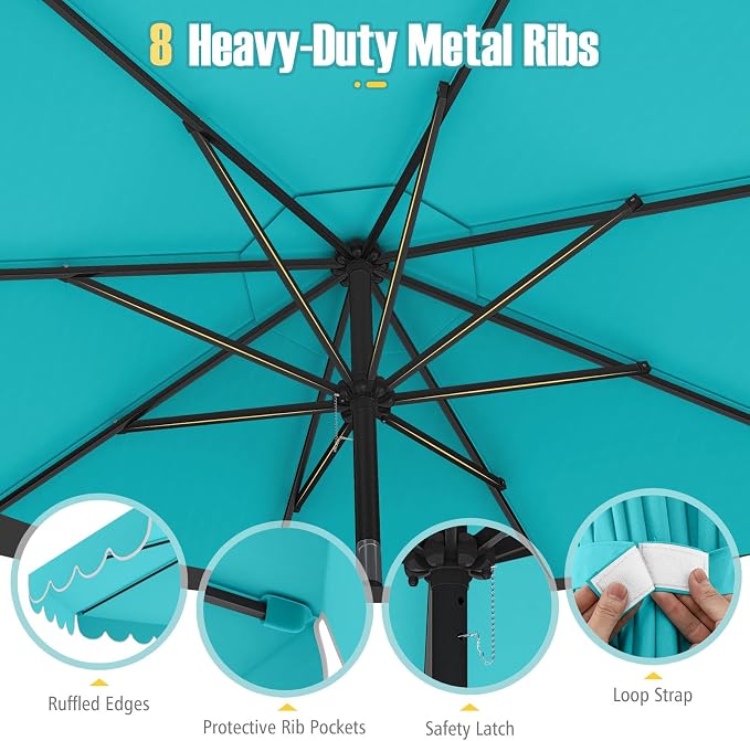Tangkula 10 FT Patio Umbrella, 2-Tiers Scalloped Outdoor Table Market Umbrella with Tilt Adjustment, Crank, 8 Sturdy Ribs for Pool, Deck, Backyard (Turquoise)