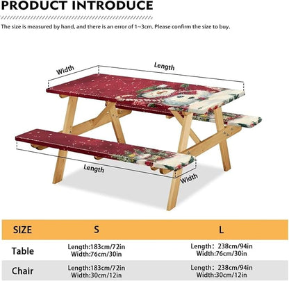 3 PCS Fitted Picnic Table Cover with Bench Cover Fitted Rectangle Tables and Seats Christmas Candy Snowman Outdoor Picnic Table Cover for Camping Red