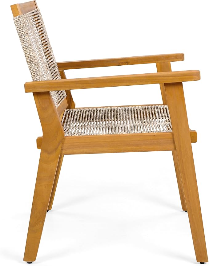 Christopher Knight Home Kita Acacia Wood Patio Dining Chairs Set of 2, Wooden Outdoor Dining Chair Set, Outdoor Kitchen Side Chair with Woven Rope, Teak+Dark Beige