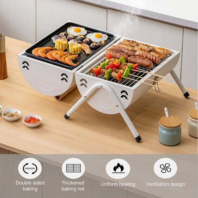 Portable Charcoal Grill, Small BBQ Grill, Tabletop Barbecue Grill with Chimney for Outdoor, Charcoal Grill for Camping Picnic Backyard Patio, Anti-scalding Handles, Easy Assembly (White)