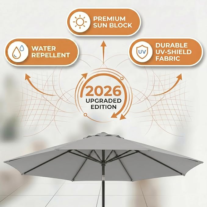Greesum 9FT Outdoor Patio Umbrella, Table Umbrella for Yard, Market, Heavy-Duty Waterproof Pool Umbrella with 8 Sturdy Ribs, UV Protection for Beach, Deck, Garden, Backyard