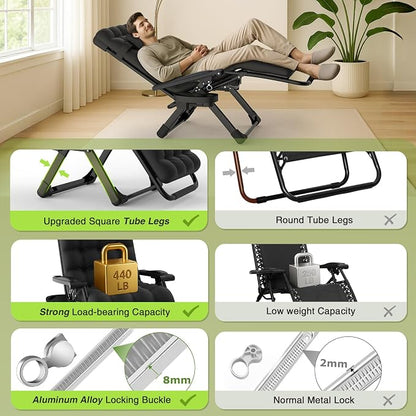 Suteck Zero Gravity Chair, Reclining Camping Chairs w/Removable Cushion | Anti Gravity Recliner Lounge Chair with Aluminum Alloy Lock & Cup Holder, 90-170° Adjustable, for Lawn Patio Indoor