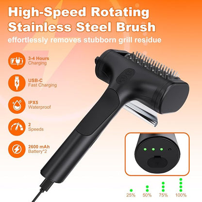 2-in-1 Upgraded Electric Grill Brush and Polisher – 1000 RPM High-Torque Motor, 2600mAh Battery, LED Light – Bristle-Free BBQ Cleaner for Gas, Charcoal & Pellet Grills (Black)
