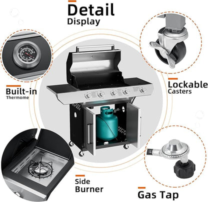 SKOK Led 4-Burner Gas BBQ Grill with Side Burner Led Knob, Barbecue Grill with Porcelain-Enameled Cast Iron Grates, 60,000 BTU Stainless Steel Propane Grill 629 Sq. In. Grilling Area
