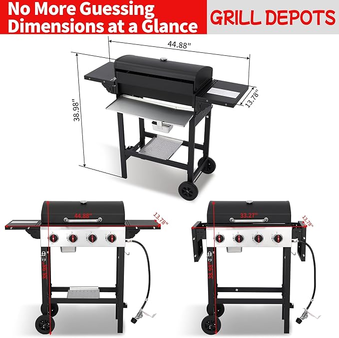 4-Burner Propane Gas Grill, 40,000 BTU Portable BBQ Grill with Cast Iron Grates & Foldable Side Shelves, Small Outdoor Gas Grill for Backyard Patio Camping Tailgating, Black