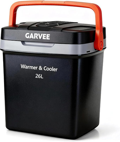 Garvee 26 L Electric Cooler & Warmer, Portable Car Refrigerator with Auto-Lock Handle, 12V DC for Cars & Trucks, Equipped with 110V AC Household Power Cord, Plug-in Cooling Fridge, Black&Orange