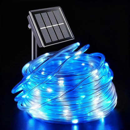 YEGUO Solar Rope Lights Outdoor Waterproof, 66ft 200 LED Blue and White String Lights, 8 Modes Fairy Lights in Clear Thin Tube