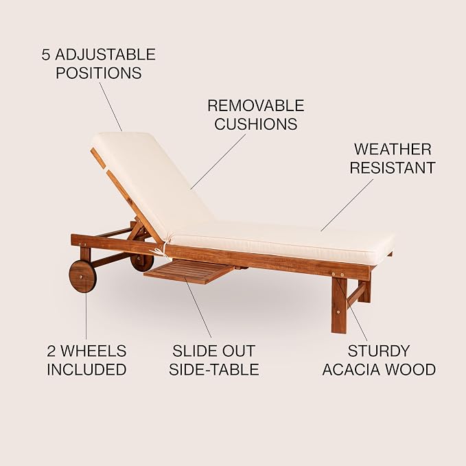 JONATHAN Y Seabrook 23.62" x 68.9" Acacia Wood Outdoor Chaise, Light Brown | 5-Position Adjustable Back, Ivory Polyester Cushion, Pull-Out Side Table, Built-In Wheels, 600lb Capacity, Modern Coastal