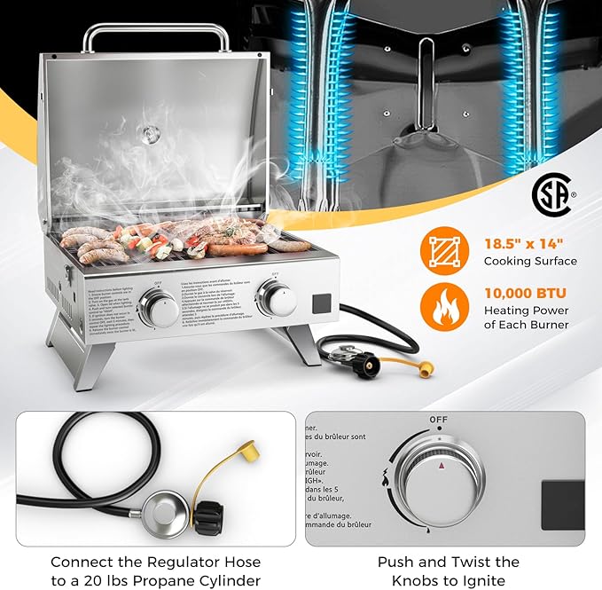 HAPPYGRILL Portable Gas Grill with 2-Burner, 20,000 BTU Total Stainless Steel Tabletop Propane Grill w/Handle, Built-in Thermometer & Extra Flame Rod, Foldable Legs for Outdoor RV BBQ Picnic