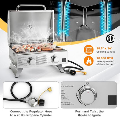 HAPPYGRILL Portable Gas Grill with 2-Burner, 20,000 BTU Total Stainless Steel Tabletop Propane Grill w/Handle, Built-in Thermometer & Extra Flame Rod, Foldable Legs for Outdoor RV BBQ Picnic