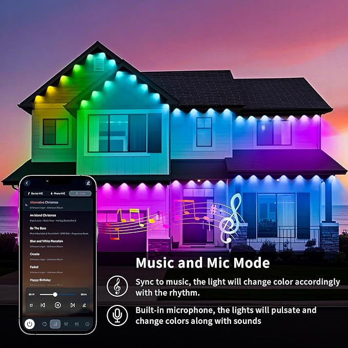 KSIPZE Permanent Outdoor Lights for House Waterproof IP67, Eaves LED Lights | Smart RGB+IC App & Button Control, 200+ Dynamic Scene Modes, For House Roof, Garden, Christmas, Party Decor
