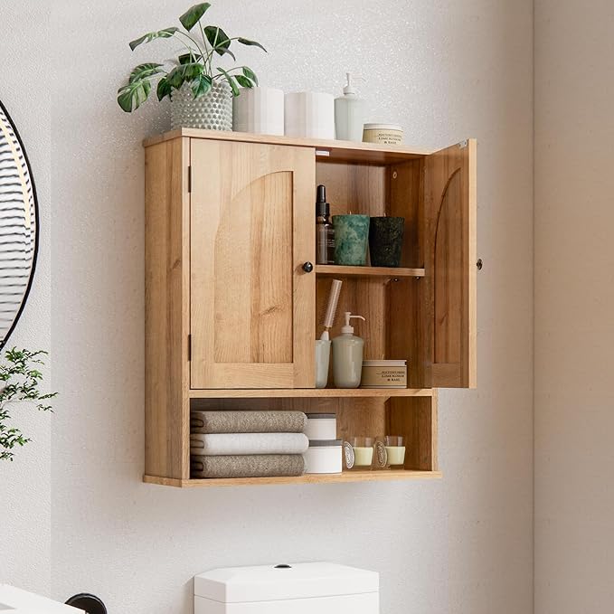 Medicine Cabinet, Over The Toilet Storage Cabinet, Bathroom Wall Storage Cabinet with Arched Doors & Adjustable Shelves, Wall Mounted Bathroom Cabinet for Kitchen, Laundry Room, Living Room,Natural