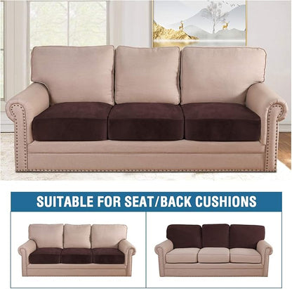 H.VERSAILTEX Velvet Stretch Couch Cushion Cover Plush Cushion Slipcover for Chair Loveseat Sofa Cushion Furniture Protector Seat Cushion Sofa Cover (3 Piece Sofa Cushion Covers, Brown)