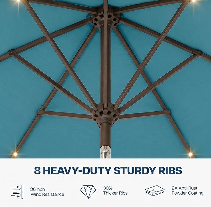 11FT Solar Patio Umbrella with Lights, Outdoor Table Market Umbrella with 32 LED Lights, 8 Sturdy Ribs, Smooth Crank Lift for Pool, Deck and Garden, UV-Resistant