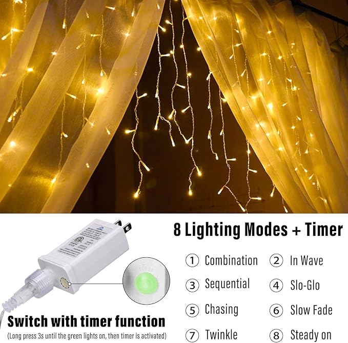 Joomer 66FT Christmas Icicle Lights Outdoor Non-Connectable Warm White | 100 Drops 8 Modes Timer Waterproof Plug-in String Light for Christmas Party, holiday Eaves Roof Xmas Decorations
