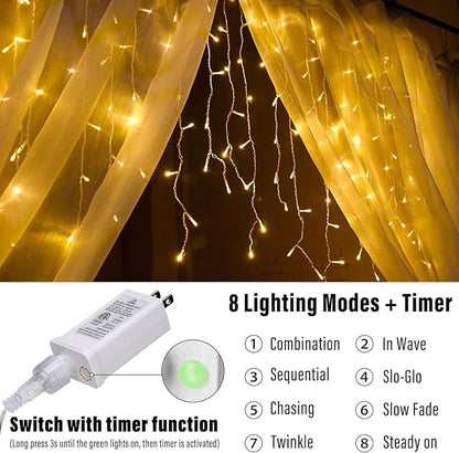 Joomer 19FT Christmas Icicle Lights Outdoor Connectable Warm White | 30 Drops 8 Modes Timer Waterproof Plug-in String Light for Christmas Party, holiday Eaves Roof yard Xmas Decorations