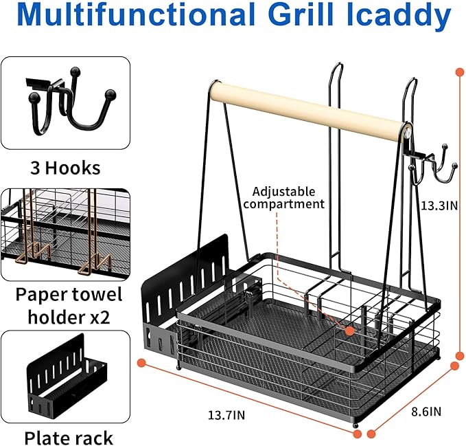 Grill Caddy with Plate Holder and 2Paper Towel Holder, Picnic BBQ Condiment Utensil Organizer Caddy for Outdoor Cooking, RV, Camping Essential, Camper Must Haves, Grilling Gifts