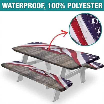 4th of July Picnic Fitted Tablecloth with Benches Covers, American flag on wood background Fitted Tablecloth Cover Oil Proof Elastic Edge for Outdoor, Garden, Camping, 72x28 In, 3 Pieces Set, Brown