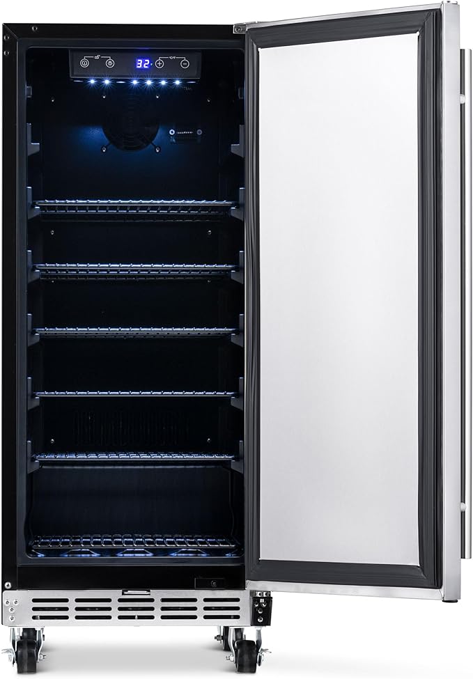 NewAir 15” Outdoor Beverage Fridge | Freestanding or Built-In Under counter Refrigerator for Outside Patio | Weatherproof Outdoor Fridge for 90 Cans with Detachable Castors | Stainless Steel