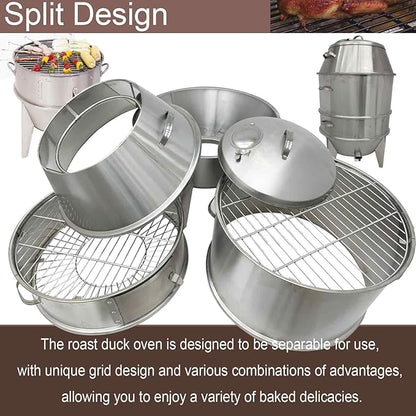 Commercial 410 Stainless Steel Charcoal Roast Duck Oven, 23.6x23.6x53 Inch BBQ Roaster with 15 Hooks & 20 Tail Pins, Multifunctional Grill for Chicken, Fish, Outdoor Picnic