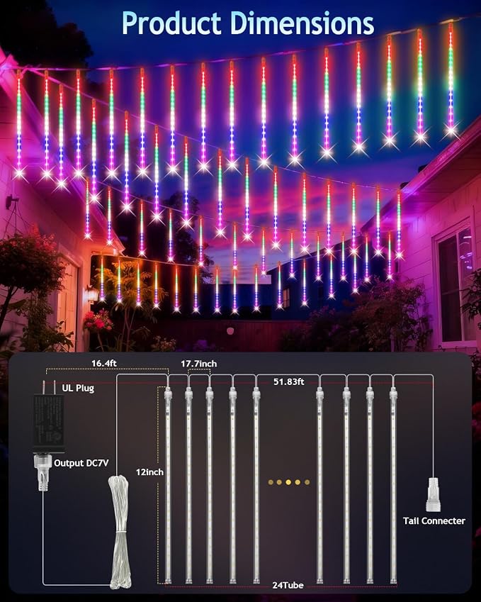 PEMOTech Christmas Lights Outdoor,24 Tubes 864 LED 20 Inch,Multicolor Meteor Shower Lights Outdoor,Waterproof Luces Navideñas para Exteriores,50 ft for Christmas Tree,Party,Garden Decor