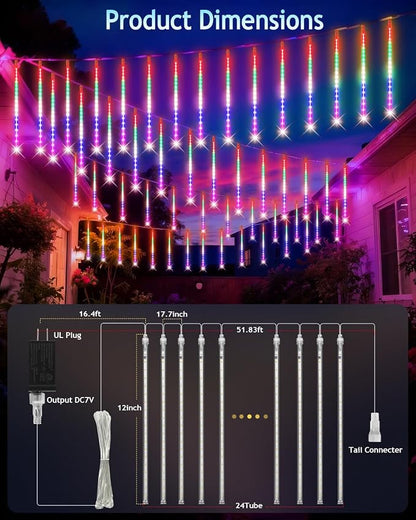PEMOTech Christmas Lights Outdoor,24 Tubes 864 LED 20 Inch,Multicolor Meteor Shower Lights Outdoor,Waterproof Luces Navideñas para Exteriores,50 ft for Christmas Tree,Party,Garden Decor