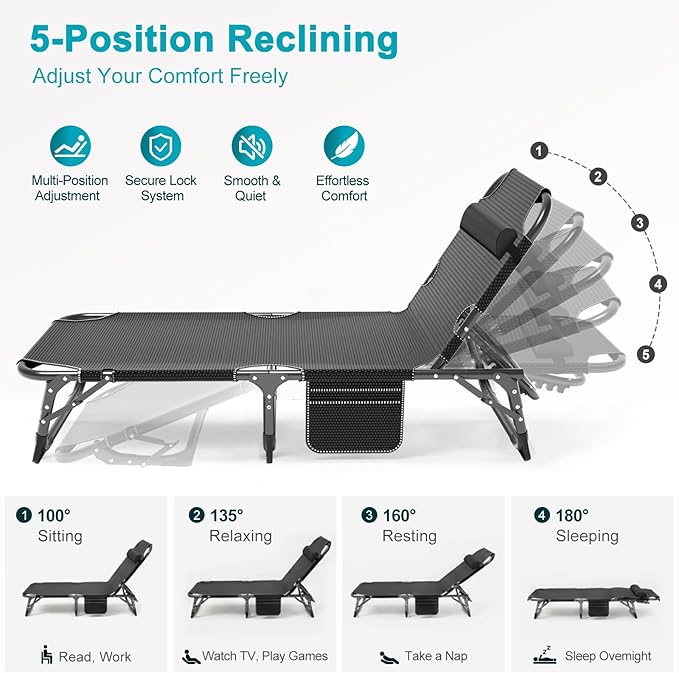 ABORON 2PK Heavy Duty Tanning Chair, 5-Gear Outdoor Folding Chaise Lounge Chair with Cushion, Portable Beach Lounge Chair for Outdoor Sunbathing, Patio, Pool, Lawn, Deck, Poolside