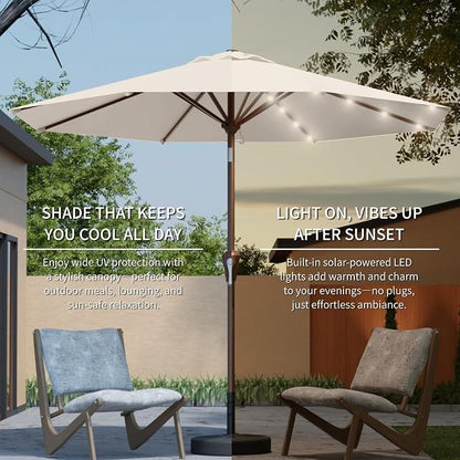 10FT Solar Umbrella 32 LED Lighted Patio Umbrella Table Market Umbrella w/Tilt and Crank, UV-Resistant Outdoor Umbrella for Pool, Garden, Deck, Creamy White