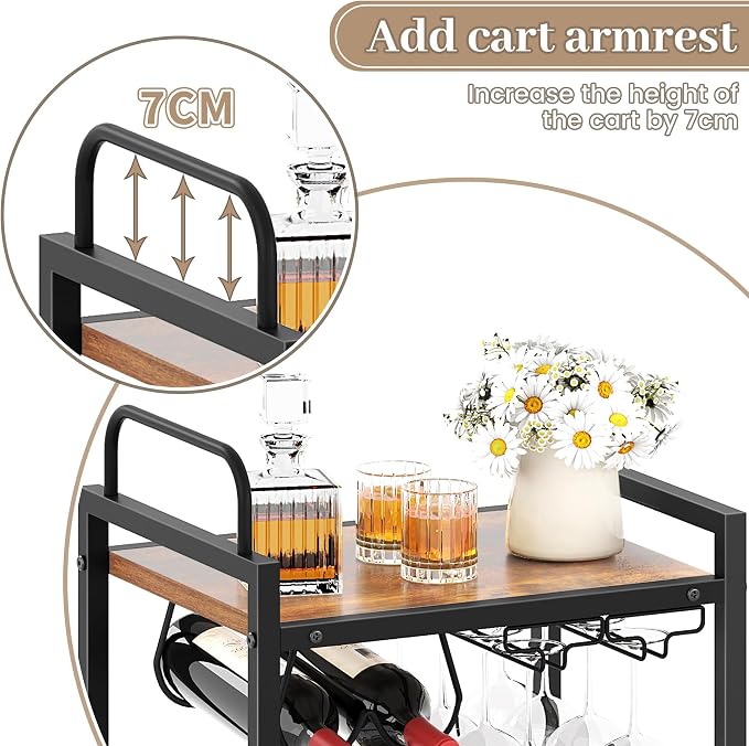 Bar Cart for The Home, 3 Tier Kitchen Carts with Wheels, Small Rolling Cart with Glass Holders, Wine Rack, Mini Bar Cart for Kitchen, Dining room, Living Room, 13.0"D x 17.0"W x 33.8"H, Rustic Brown