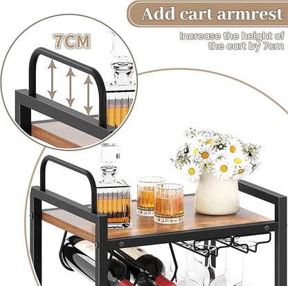 Bar Cart for The Home, 3 Tier Kitchen Carts with Wheels, Small Rolling Cart with Glass Holders, Wine Rack, Mini Bar Cart for Kitchen, Dining room, Living Room, 13.0"D x 17.0"W x 33.8"H, Rustic Brown
