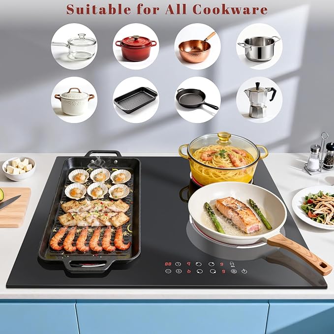 24 Inch Electric Cooktop Built-in, 4 Burner Electric Stove with 6900W Total High Power, 24" Ceramic Cooktop with BBQ Burner, Touch Control, Child Safety Lock, 220V-240V Hard Wire, No Plug