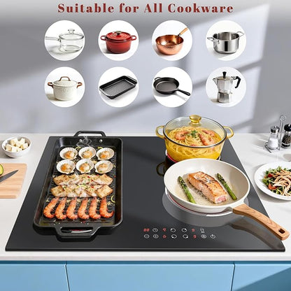 24 Inch Electric Cooktop Built-in, 4 Burner Electric Stove with 6900W Total High Power, 24" Ceramic Cooktop with BBQ Burner, Touch Control, Child Safety Lock, 220V-240V Hard Wire, No Plug