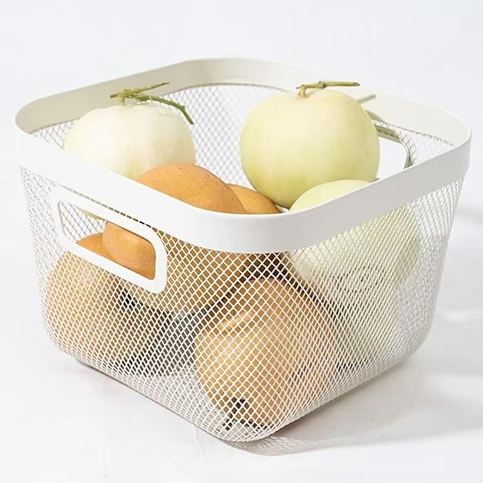 AJIODA Metal Mesh Steel Baskets, Household Wire Storage Organizer Bin Garden Harvest Basket Multi-functional Fruit Baskets with Handles for Kitchen Bathroom Picnic Shopping Decor Cabinet Home, White