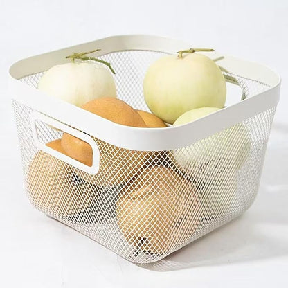 AJIODA Metal Mesh Steel Baskets, Household Wire Storage Organizer Bin Garden Harvest Basket Multi-functional Fruit Baskets with Handles for Kitchen Bathroom Picnic Shopping Decor Cabinet Home, White