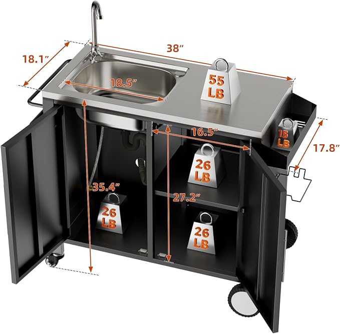 KEIKI Outdoor Grill Table with Sink, Grill Cart with 304 Stainless Steel Sink and Cabinet, Outdoor Cart Station with Wheels, L38 x W18 x H35