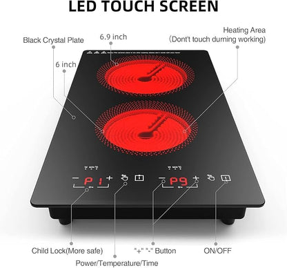 Electric Cooktop 2 Burners 2100W, 110v-120v Electric Stove Top 12 inch, Countertop & Built-in Cooktop, 20 Temperature 9 Power Levels, Child Lock, Timer, Over-Heat Protection