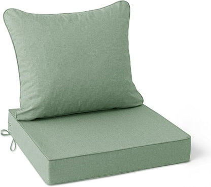 Summsun Outdoor Cushions for Patio Furniture, Faux Linen Water Resistant Backrest and Deep Seat Cushion Set with Removable Cover, Ties, Non-Slip Bottom, 22 x 22 Inch, Sage Green