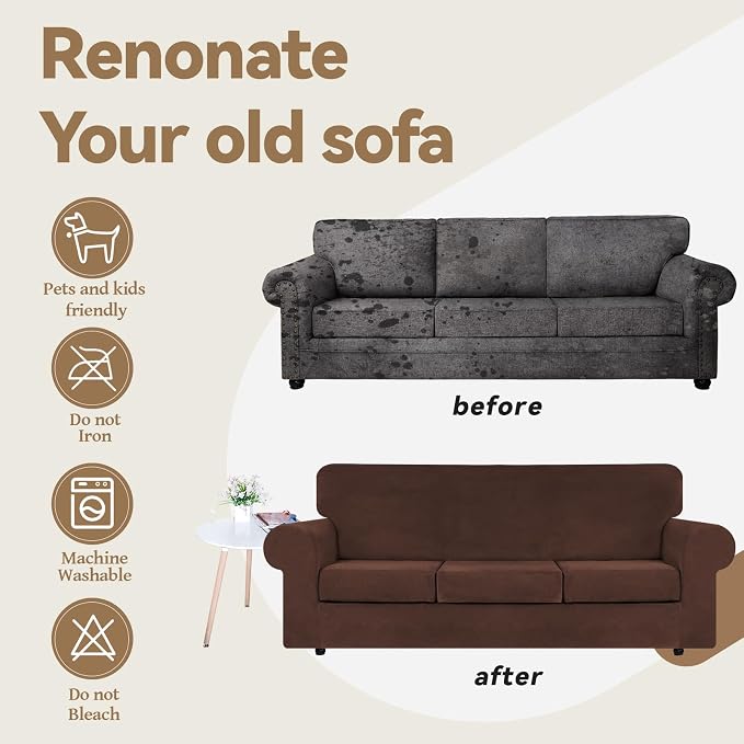 WEERRW 4 Pieces Couch Cover for Sofa Velvet Sofa Covers Washable, Chocolate | Sofa Covers for 3 Cushion Couch Furniture Protector Sofa Slipcovers with Non Slip Elastic Bottom, Pet Friendly, Large