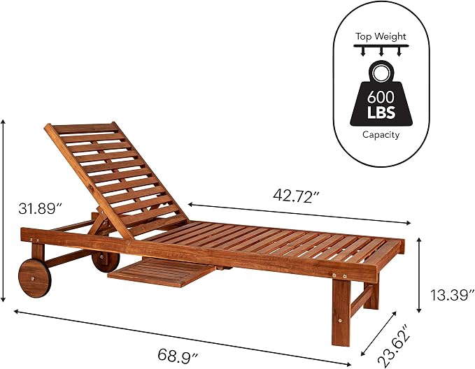 JONATHAN Y Seabrook 23.62" x 68.9" Acacia Wood Outdoor Chaise, Light Brown | 5-Position Adjustable Back, Ivory Polyester Cushion, Pull-Out Side Table, Built-In Wheels, 600lb Capacity, Modern Coastal