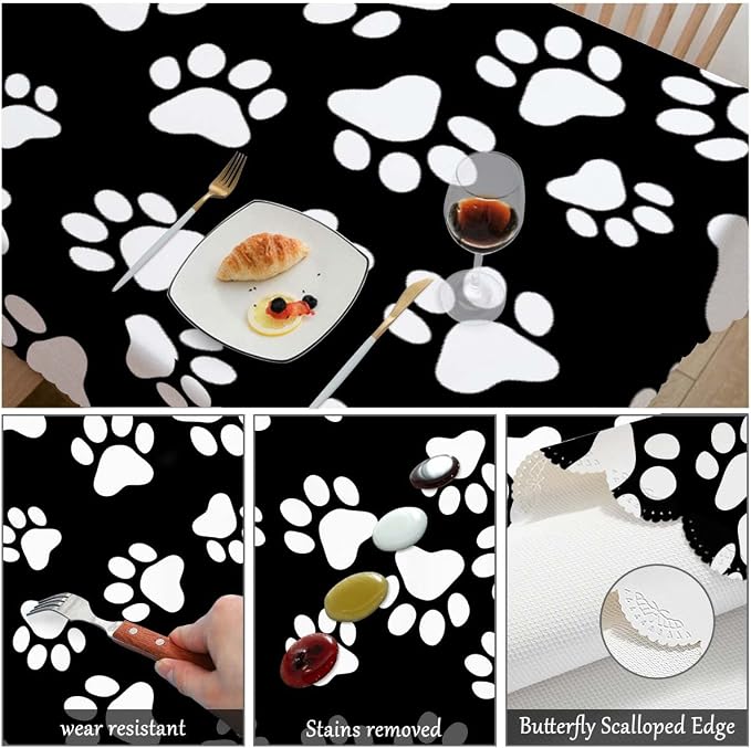 Swono Decorative Rectangle Table Cloth Dog Paw, Cat Footprint Dog Paw Prints Black White Polyester Tablecloth Kitchen Table Cover for Dining BBQ Picnic Coffee Table 50x72, 4-6 Seats