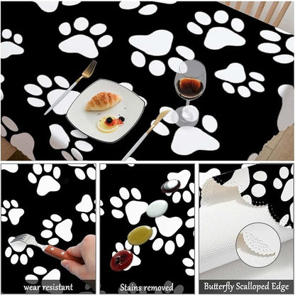 Swono Decorative Rectangle Table Cloth Dog Paw, Cat Footprint Dog Paw Prints Black White Polyester Tablecloth Kitchen Table Cover for Dining BBQ Picnic Coffee Table 50x72, 4-6 Seats