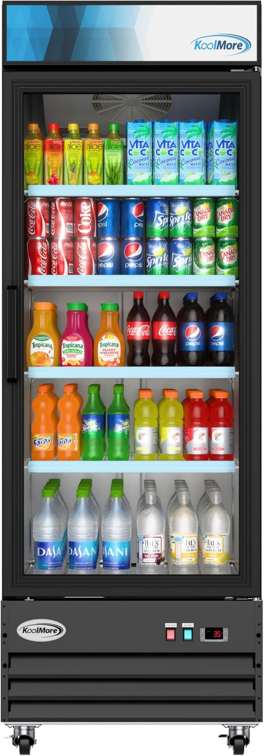 KoolMore MDR-1GD-23C Commercial Glass 1 Door Display Refrigerator Merchandiser - Upright Beverage Cooler with LED Lighting - 23 Cu. Ft., Black