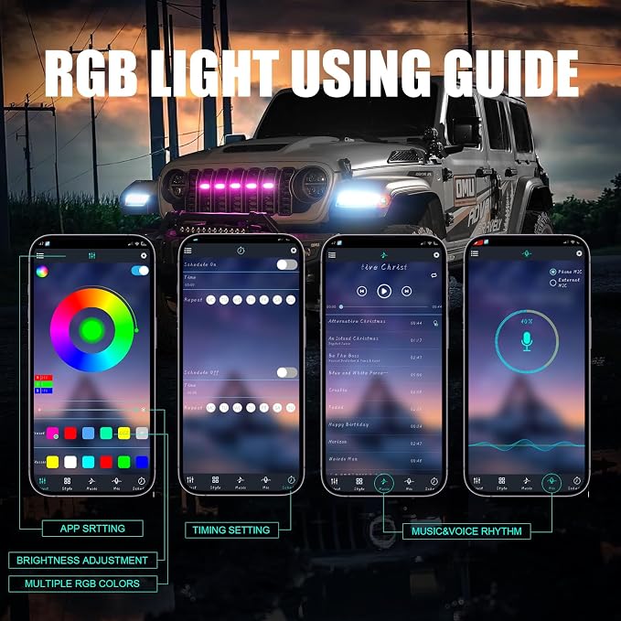 RGB LED Grille Lights Compatible with 2024-2025 Jeep Wrangler JL JLU JT,5PCS 16 Color-Changing OEM Grill Lights with APP Control Adjustable Atmosphere,Music Sync,IP68 Waterproof