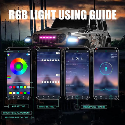 RGB LED Grille Lights Compatible with 2024-2025 Jeep Wrangler JL JLU JT,5PCS 16 Color-Changing OEM Grill Lights with APP Control Adjustable Atmosphere,Music Sync,IP68 Waterproof