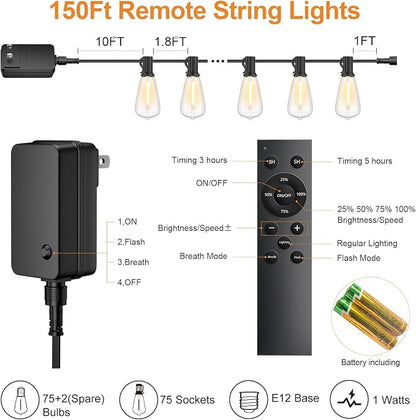150FT Outdoor String Lights with Remote, Garden Patio Decor with 2500K Warm White, 75+3 LED Edison Bulbs, Support Timer Dimmable Waterproof Shatterproof for Yard Outside Porch Deck Backyard (24v)