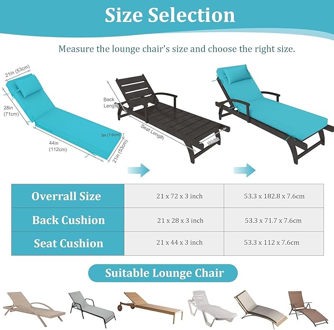 Chaise Lounge Cushions Outdoor Set of 2 Lounge Chair Cushion 80" L x 26" W with Headrest Straps 3'' Thick Waterproof Patio Chaise Cushions Pool Lounger Chair Cushion(Lake Blue)