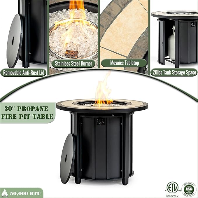 KEIKI 30 Inch Mosaic Ceramic Propane Fire Pit Table, Round Outdoor Gas Fireplace, Steel Patio Heater for Garden Deck