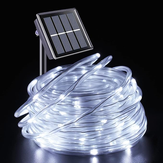 YEGUO Solar Rope Lights Outdoor Waterproof, 66ft 200 LED White String Lights, 8 Modes Fairy Lights in Clear Thin Tube