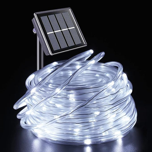 YEGUO Solar Rope Lights Outdoor Waterproof, 66ft 200 LED White String Lights, 8 Modes Fairy Lights in Clear Thin Tube