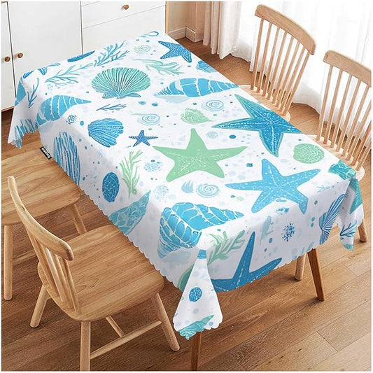 Swono Seashells Blue Rectangular Tablecloth Summer Ocean Shellfish Starfish Washable Table Cloth Kitchen Dining Room Table Cover for Party Dinner 50x72 Inch Tablecloths